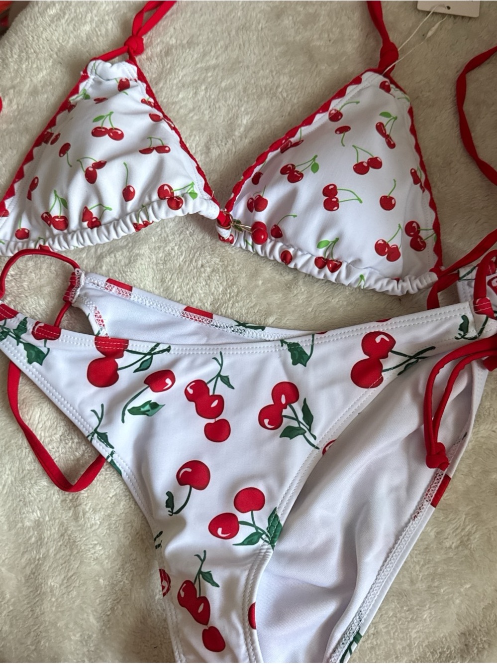White Cherry Print Triangle Bikini with Red Trim